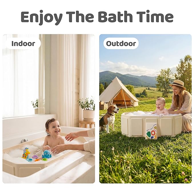 Collapsible Baby Bathtub for Newborn to Toddler, Foldable Toddler Bathtub with Drain Plug, Non-Slip Portable Infant Bath Tub for Travel, Storage & Outdoor Use, Beige