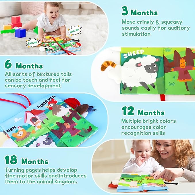 BBWOO Soft Baby Book Toy - Newborn Boy Girl Shower Gift - Tummy Time Toy for Infant 0-6 6-12 Months - Touch and Feel Sensory Crinkle Book with Teether - Baby Boy Girl Gift - Easter Basket Stuffers
