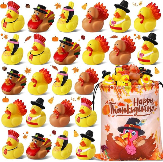 24 Pcs Thanksgiving Rubber Ducks, Thanksgiving Themed Ducks Bulk Turkey Ducks, Thanksgiving Party Favors Supplies for Kids Adults, Fall Duck Bathtub Bathing Toy for Holiday Autumn Table Centerpiece
