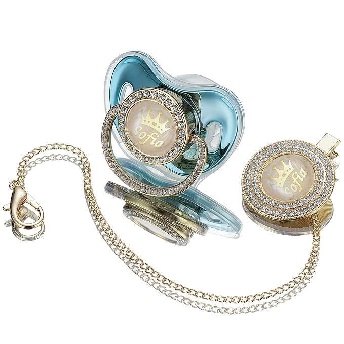 Sparkling Bling Custom Baby Pacifiers and Clips/Holder Kit with Name Personalized with Rhinestones for Boy and Girl Baby Shower (Gold Blue)
