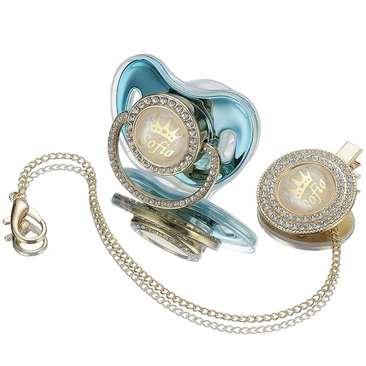 Sparkling Bling Custom Baby Pacifiers and Clips/Holder Kit with Name Personalized with Rhinestones for Boy and Girl Baby Shower (Gold Blue)