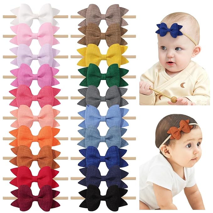 jollybows 3.35" 20pcs Baby Girls Bows Headbands Elastic Nylon Hairband Ribbon Bow Hair Accessories for Kids Toddlers Infants Newborn