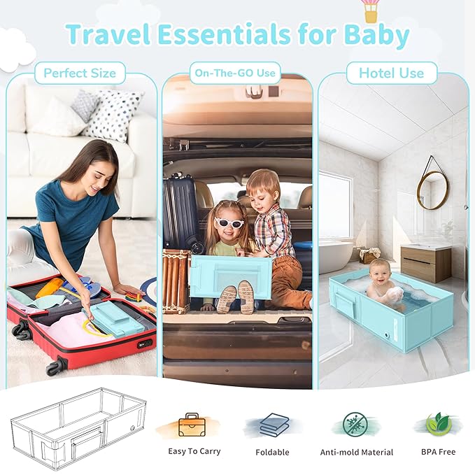YomauiYee Baby Bathtub, Foldable Toddler Tub with Rinse Cup, 2-in-1 Portable Collapsible Baby Bath Tub for 6M-5Y, No Assembly, Space Saving for Travel, Hotel, Camping