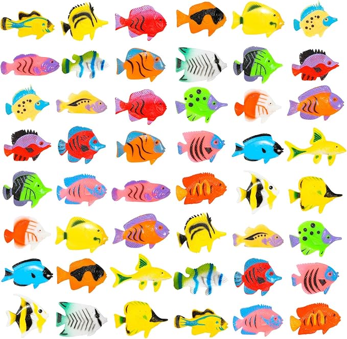 PROLOSO 48 Pcs Toy Fish Tropical Fish Figure Play Set Plastic Sea Animals Themed Party Favors for Kids Toddlers Bath Toys (Style 2)