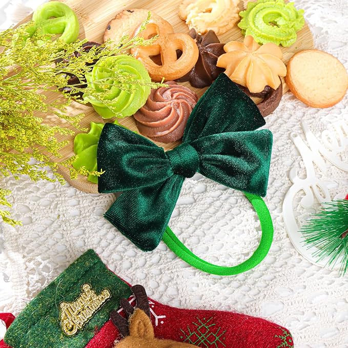 Christmas Baby Bows Handmade Velvet Headbands Tied Bow Elastic Nylon Hair Accessories for Baby Girls Newborn Infant 2 Pcs Christmas Gift Red Green