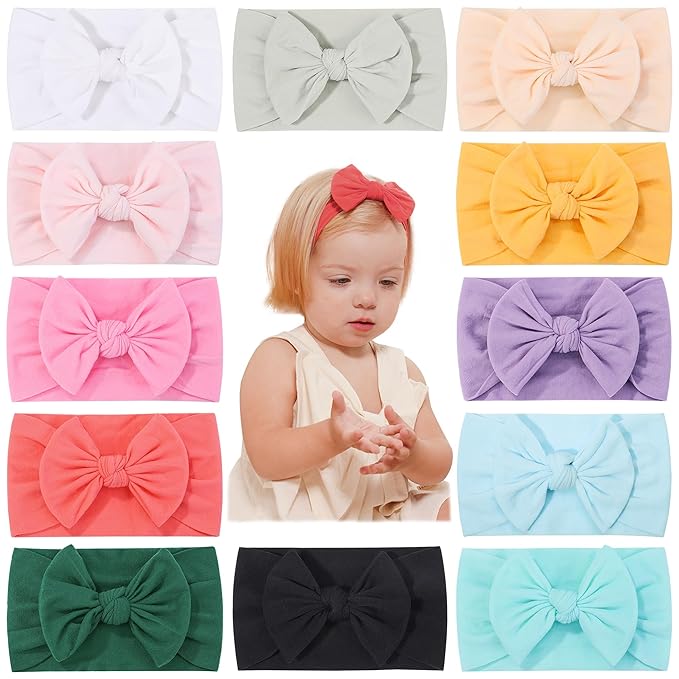 jollybows 12pcs Baby Nylon Headbands With Bow Elastic Hairband For Girls Newborn Infant Toddlers Kids Hair Accessories- Soft Light Color Set