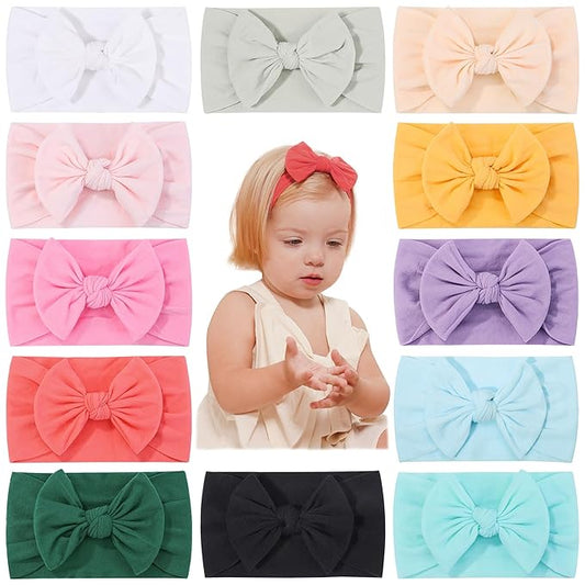 jollybows 12pcs Baby Nylon Headbands With Bow Elastic Hairband For Girls Newborn Infant Toddlers Kids Hair Accessories- Soft Light Color Set