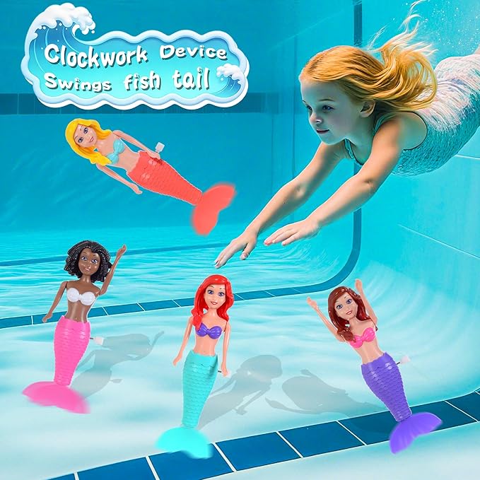 dollbie 4-Pack Wind-Up Mermaid Bath Toys for Kids -Toddler Bath Toys for Kids Moving Tail Priness Doll Diverse Hair Colors & Styles Mermaids, Swimming Pool Party Favors