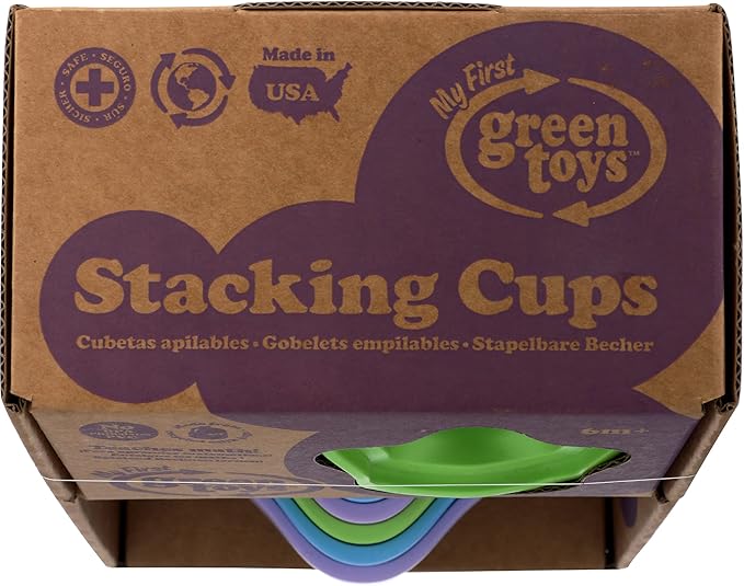 Green Toys Stacking Cups, Purple/Blue/Green - 6 Piece Motor Skills, Building, Stacking Toy Set. Safe for Babies and Toddlers. Dishwasher Safe, Recycled Plastic, Made in USA.