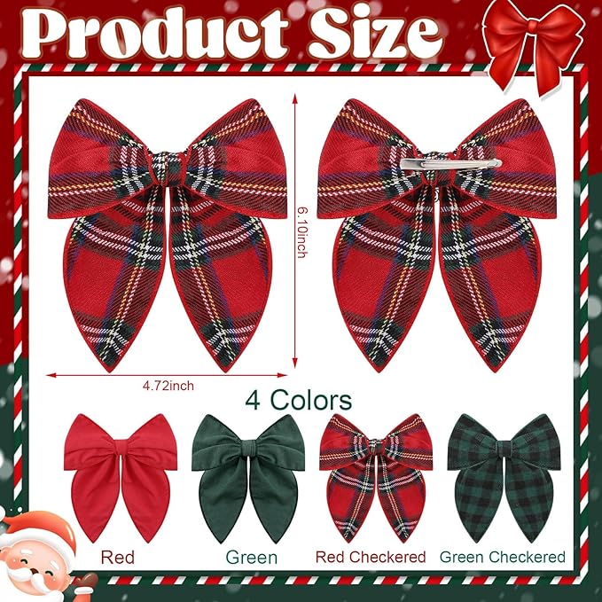 Large Christmas Hair Bows, 4 Pcs Red Green Plaid Fable Hair Bows Cotton Christmas Hair Accessories for Girls Toddler Kids