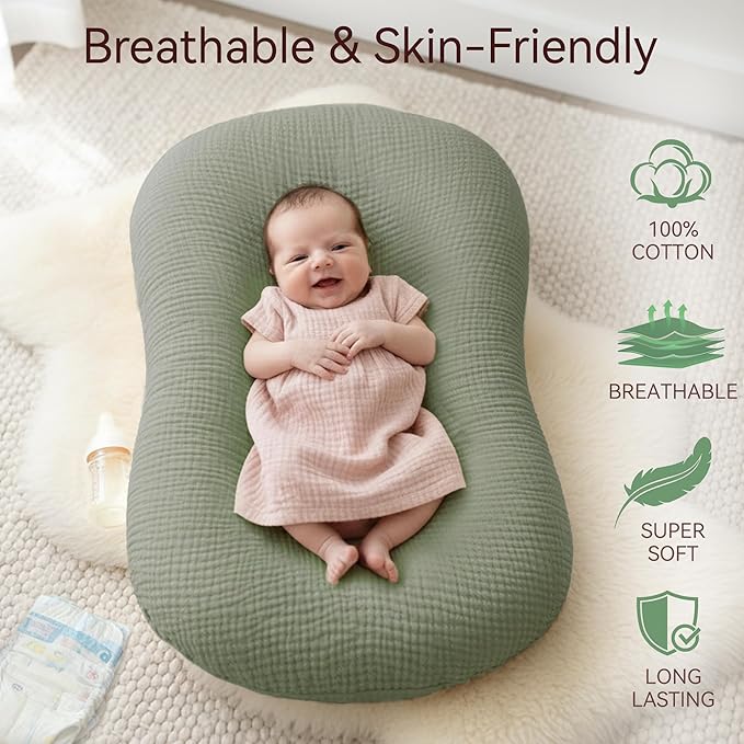 Muslin Baby Lounger Cover 2 Pack, Cotton Soft Breathable Infant Nest Slipcovers, Envelope Closure, Compatible with Snuggle MeLoungers, Machine Washable, Cover Only, for Boys Girls(Gray & Green)