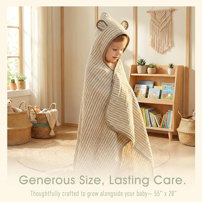 Ultra-Soft Muslin Toddler Hooded Towel – 55 x 28 Inches, Made with Organic Cotton, Gender-Neutral Warm Brown Striped Jacquard Pattern, Ideal for Bath & Beach, Newborn to Toddler
