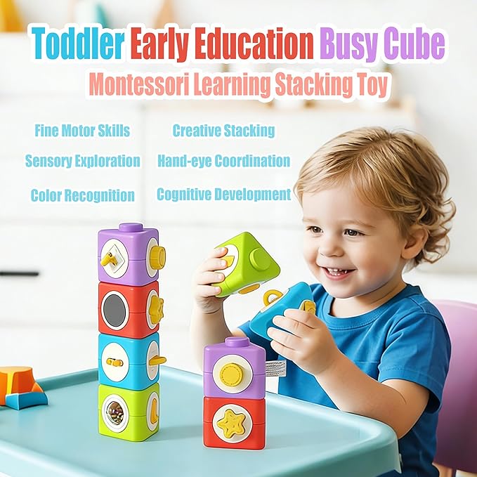Activity Cubes & Stacking Toy Blocks Set of 4,12-in-1 Montessori Toys for 1-2 Years Old,Educational Activities Sensory Travel Toys for Airplane & Car, Perfect Birthday for Toddlers