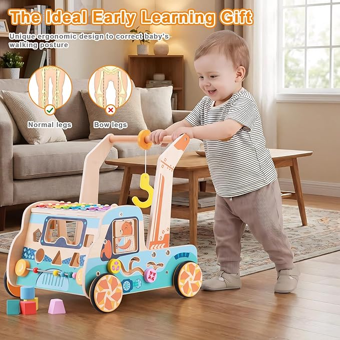 Wooden Baby Walker with Activity Center – Montessori Push Toy for Boys & Girls | Sit-to-Stand Walker for 10-12 Months & Toddlers 1-3 Years, Learning to Walk Gift