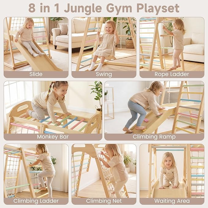 OLAKIDS Indoor Jungle Gym, 8 in 1 Wooden Montessori Toddler Climbing Toys with Adjustable Ramp Swing Slide, Monkey Bar Rope Ladder Waiting Area (Colorful)