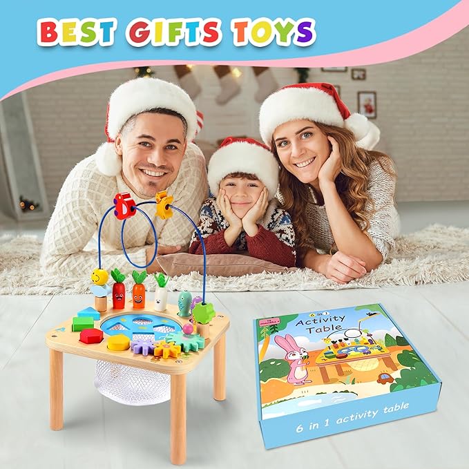 WINGYZ Activity Table, 6 in 1 Wooden Montessori Activity Center with Bead Maze Shape Sorter Fishing Game, Kids Sensory Play Table Toddler Toys 1st Birthday Gifts Boy Girl(Rainbow)