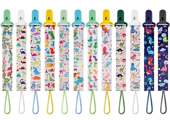 12 Pack Dinosaur Baby Pacifier Clip for Boys, Cute Dino Printed Pacifier Holder, Secure Clip, Durable Daily Use, Ideal Baby Boy Shower Gift (Multicolor F 24/25cm)