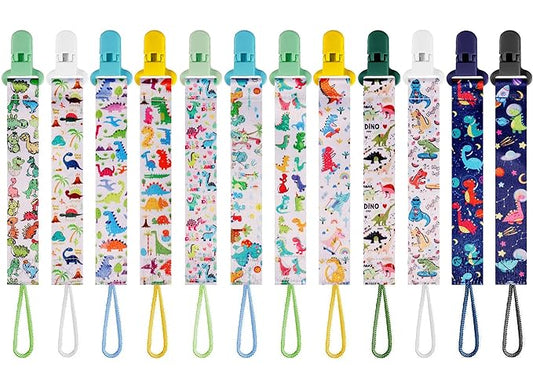 12 Pack Dinosaur Baby Pacifier Clip for Boys, Cute Dino Printed Pacifier Holder, Secure Clip, Durable Daily Use, Ideal Baby Boy Shower Gift (Multicolor F 24/25cm)