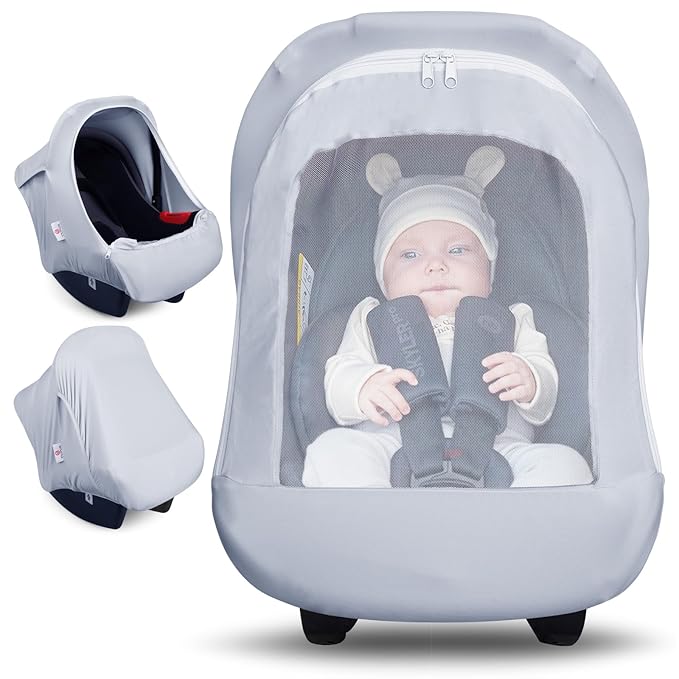 Metplus Car Seat Cover, Breathable Mesh Window Infant Carseat Canopy for Baby Boys & Girls, Summer Stroller Sunshade Net for Airflow & Privacy, Stretchy Universal Fit