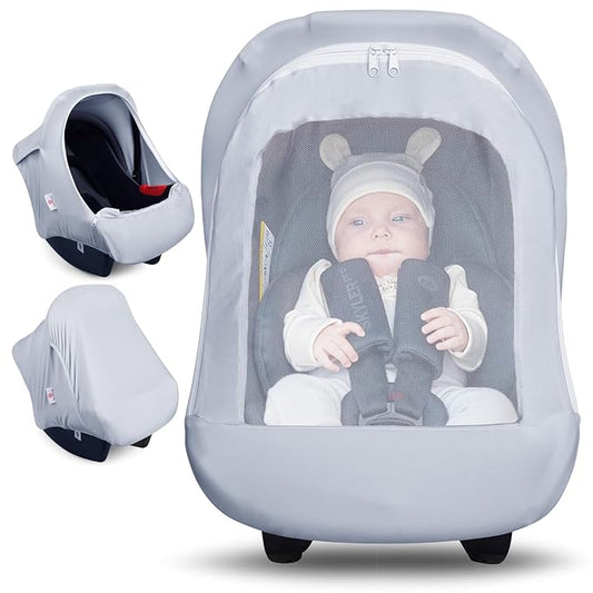 Metplus Car Seat Cover, Breathable Mesh Window Infant Carseat Canopy for Baby Boys & Girls, Summer Stroller Sunshade Net for Airflow & Privacy, Stretchy Universal Fit