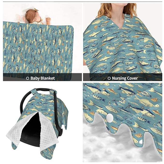 Ocean Fish Baby Car Seat Canopy Nursing Cover for Newborn Car Seat Breastfeeding Covers Blanket Newborn Shower Gift