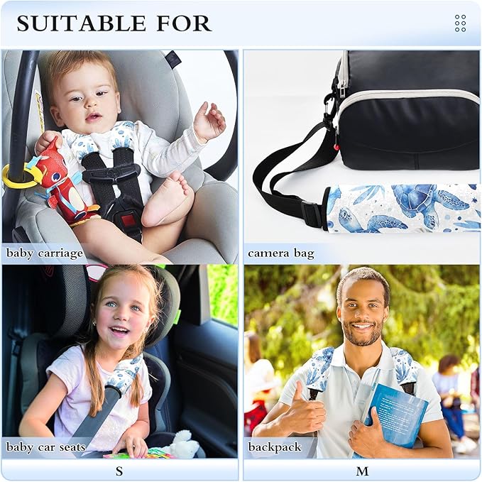 CHIFIGNO 2Pcs Seat Belt Cover Watercolor Blue Turtles and Shells Seatbelt Covers Soft Shoulder Strap Pad for Adults Kids