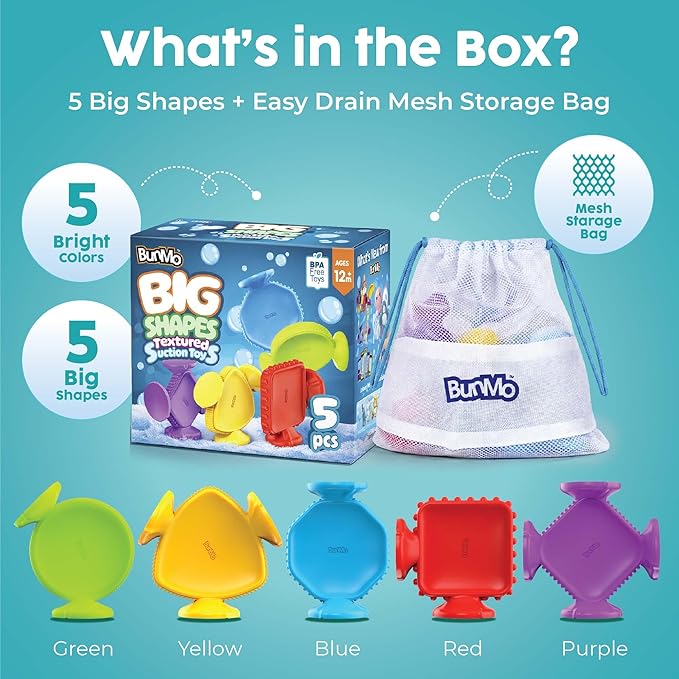 BUNMO Big Shapes Textured Suction Bath Toys for Toddlers 1–3 (5 Pack), Extra Large Silicone Bathtub Toys, BPA-Free Suction Cup Toys, Bath Toys for Kids Ages 1+, Sensory Bath Toys