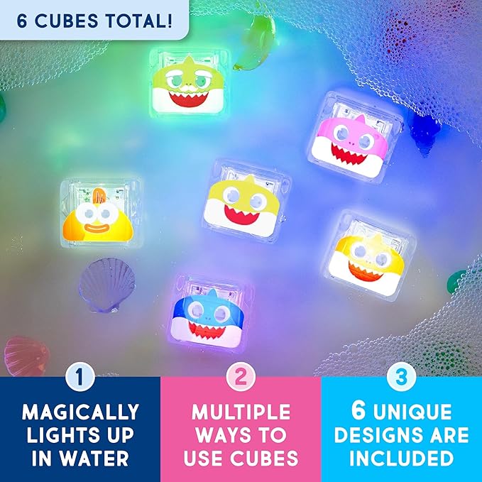 Glo Pals x Baby Shark Water-Activated Light-Up Cubes for Bathtime and Sensory Play - Includes 6 Reusable Light-Up Cubes - Sensory Bath Toys and Glowing Bath Cubes for Kids and Toddlers
