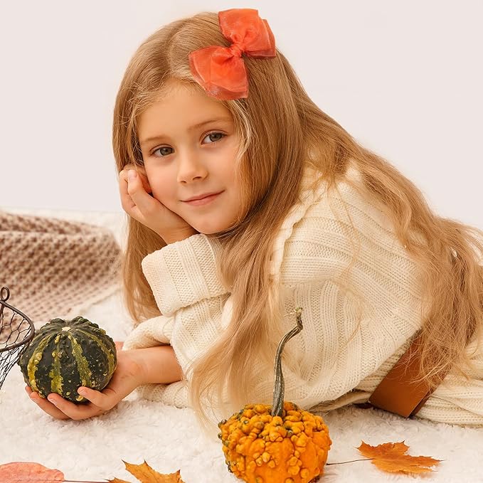 Happy Fall Mesh Ribbon Hair Bow Clips 4" Orange Red Organza Double Tulle Bow Alligator Barrettes Hairpins Give Thanks Day Outfit Decor Accessory Gift For Teens Toddler Girls Kids