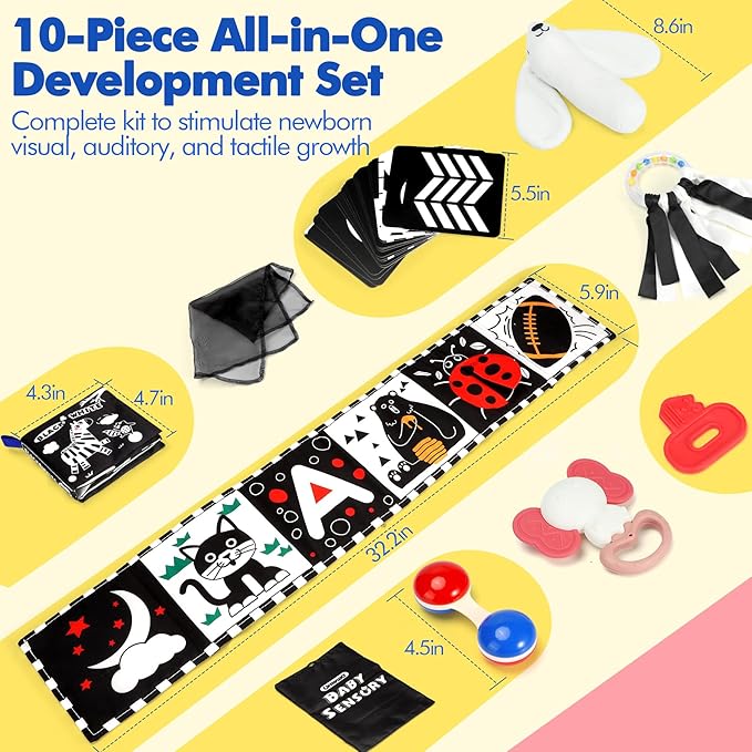URMYWO 10 Pcs High Contrast Black and White Baby Toys for Newborn, Tummy Time Mirror, Rattle, Teether, Visual Stimulation Learning Cards, Sensory Toys for 0-6 Months, Baby Boy Girl Gift Easter Stuffer