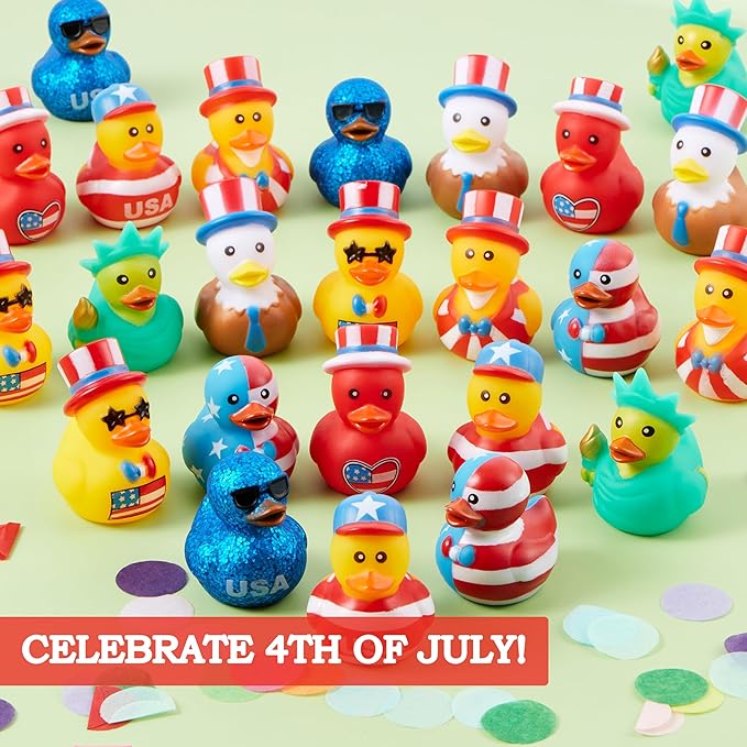 JOYIN 24 Pcs Patriotic Rubber Ducks, Red White Blue 4th of July Bulk Ducks with 8 Designs, Independence Day Duck with Flag Prints, Patriotic Party Favor Gift Bath Toy Supply for Kids Toddlers