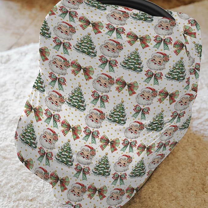 Christmas Santa Trees Car Seats Cover for Babies Santa Claus Red Green Bows Stretchy 5-in-1 Cover Adjustable Car Canopy Cover Winter Holiday Breathable Nursing Cover-Up