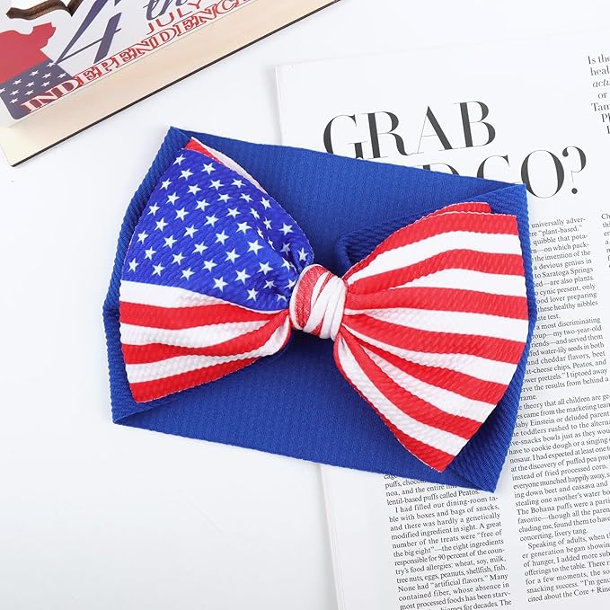 Patriotic Hairband - American Flag Headband with Red, White and Blue Nylon Bows for Baby Girls, Toddlers - Fourth of July Accessories
