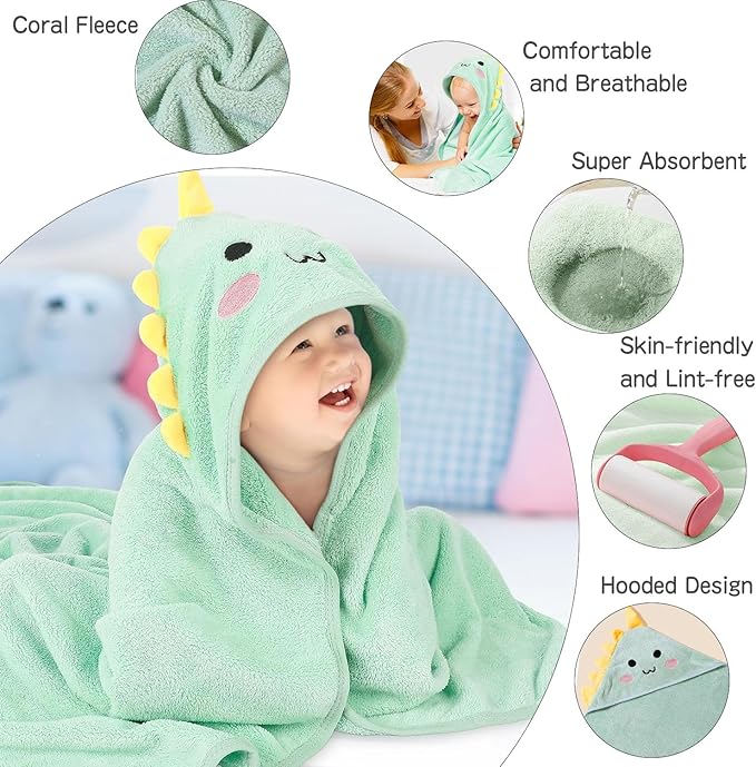 4 PCS Hooded Baby Towel Set, 32x32 Inch Absorbent Baby Bath Towels, Soft Hooded Towels and 3 PCS Washcloths, Unisex Baby Gift Set for Newborns, Babies, Toddlers (Green)