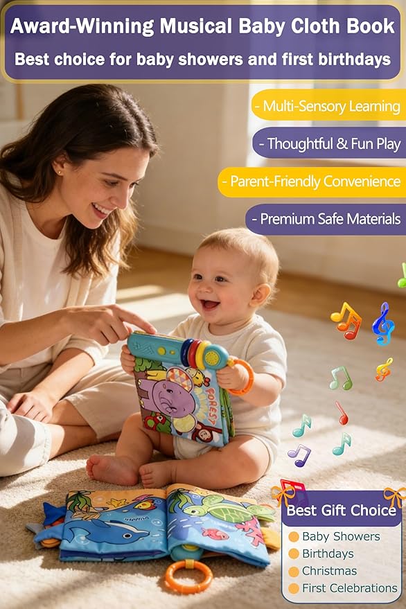 Cloth Books for Babies 0-6-12 Months, Interactive Soft Sensory Toy with Lights, Sounds & Music, Bite-Proof Educational for Newborns, Infants & Toddlers 0-3 Years (Ocean Animals)