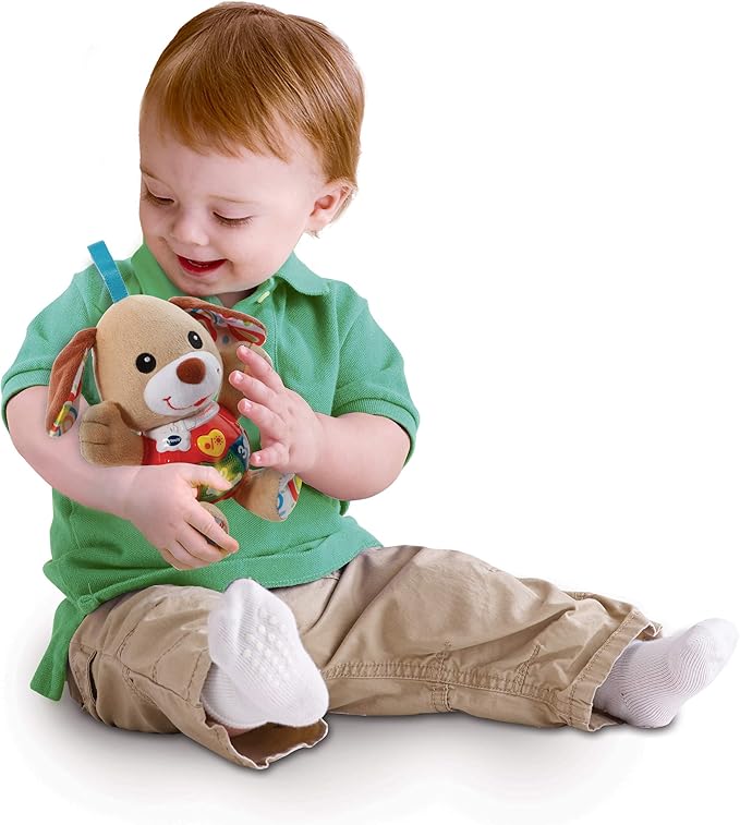 VTech -Baby Small Interactive Plush Dog with Songs Voices and Activities That Stimulate Baby in Different Aspects Development Motor, Language and Sensory, Brown (3480-502322)