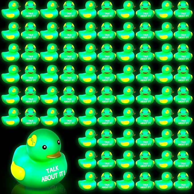 Deekin 24 Pcs LED Light up Mental Health Rubber Duck Mental Health Awareness Items 2'' Green Ribbon Cute Small Rubber Ducks Glow Toy Gifts for Fundraiser Party Supplies