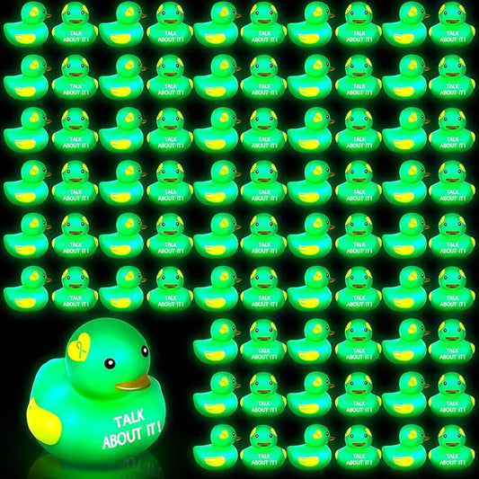 Deekin 100 Pcs LED Light up Mental Health Rubber Duck Mental Health Awareness Items 2'' Green Ribbon Cute Small Rubber Ducks Glow Toy Gifts for Fundraiser Party Supplies