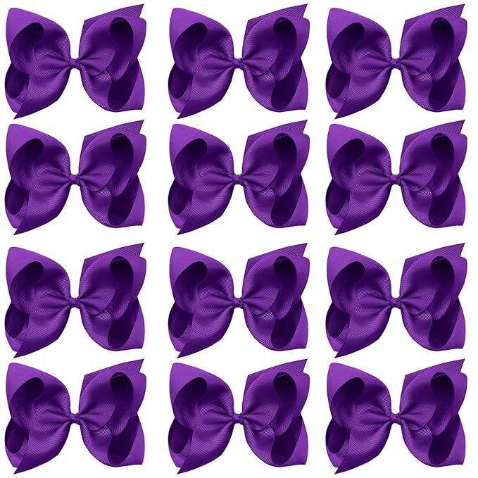 Oaoleer Big Hair Bows for Girls 12 PCS 6" Purple Grosgrain Ribbon Large Boutique Bow Alligator Clips Hair Accessories for Toddlers Little Girls Kids