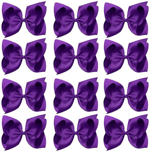 Oaoleer Big Hair Bows for Girls 12 PCS 6" Purple Grosgrain Ribbon Large Boutique Bow Alligator Clips Hair Accessories for Toddlers Little Girls Kids