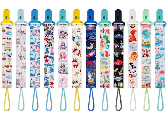 12 Pack Baby Pacifier Clips, Cute Multi-Pattern Pacifier Holder, Stylish Printed Design for Boys Girls, Secure Clip, Practical Baby Boy Shower Gift (Multicolor H 26cm)