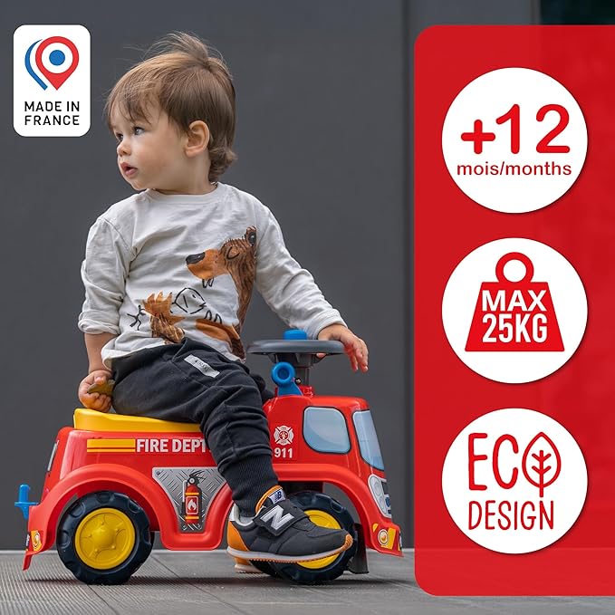 Falk Truck Vehicle with Opening seat and Steering Wheel with a Horn, Push Ride-On Toy for Toddlers 1-3 Years (Fire Truck)