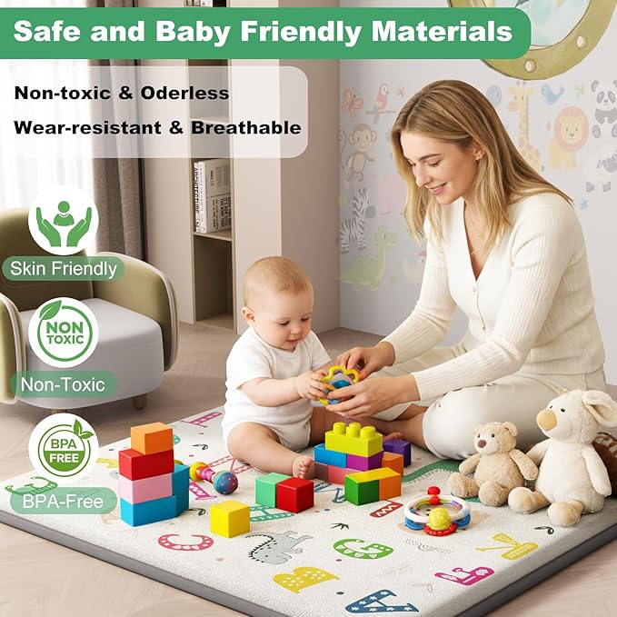1.3" Thick Baby Play Mat for Floor, Elasti-Foam 50x50 Playpen Mat, Water Repellent Ultra Soft Coral Velvet Tummy Time Crawling Mats for Kid Toddlers Infants, Non-Slip Backing Safe Alphabet Zoo
