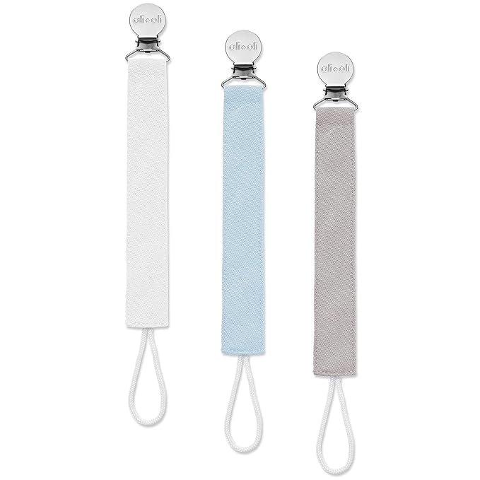 Ali+Oli Linen Strap Pacifier Clip (Sky) Set of 3 (10" x 1") Baby Pacifier Holder for Newborn Pacifiers & Teethers, Binky Clips, Silicone-Free Pacifier Clips