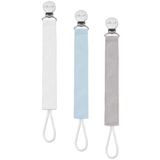 Ali+Oli Linen Strap Pacifier Clip (Sky) Set of 3 (10" x 1") Baby Pacifier Holder for Newborn Pacifiers & Teethers, Binky Clips, Silicone-Free Pacifier Clips