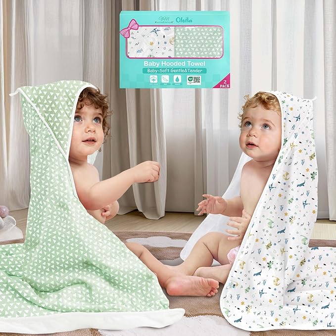 VOOVA & MOVAS 2Pack Baby Hooded Bath Towels - 100% Muslin Cotton,450GSM, 32x32 Inches,0-24Months, Super Absorbent Large Towel with Hood for Newborn,Toddler,Infant, Triangle & Dino Patten