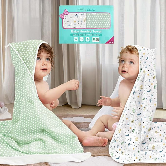 VOOVA & MOVAS 2Pack Baby Hooded Bath Towels - 100% Muslin Cotton,450GSM, 32x32 Inches,0-24Months, Super Absorbent Large Towel with Hood for Newborn,Toddler,Infant, Triangle & Dino Patten