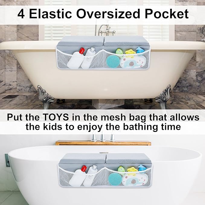 Bahoki Essentials Bath Kneeler Set - Bathtub Kneeling and Elbow Rest Pad - Thick Memory Foam Arm and Knee Support While Bathing Newborn Babies or Toddler - with Mesh Organizer for Baby's Toys