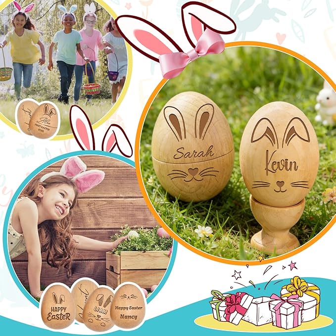 Custom Musical Easter Egg Shaker 2026, Hollow Fillable Wooden Easter Basket Stuffer, Personalized First Easter Gift for Boys Girls, Easter Home Decor (Hollow Fillable Egg)