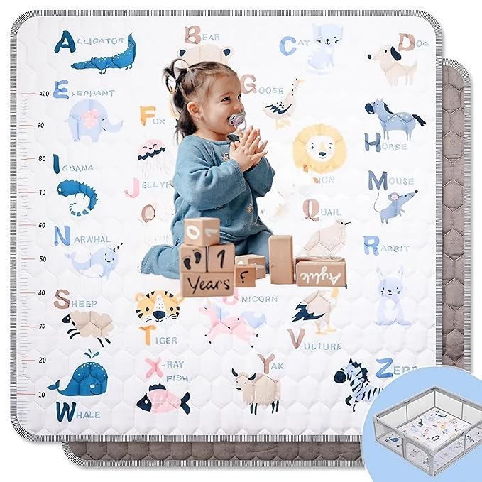 Baby Play Mats for Floor, 71"x59" Extra Thicker Large Soft Cushioning Foam Playmats for Babies, Toddlers, Non Slip Foldable Washable Play Mat for Playpen & Floor (Animals & Letters)